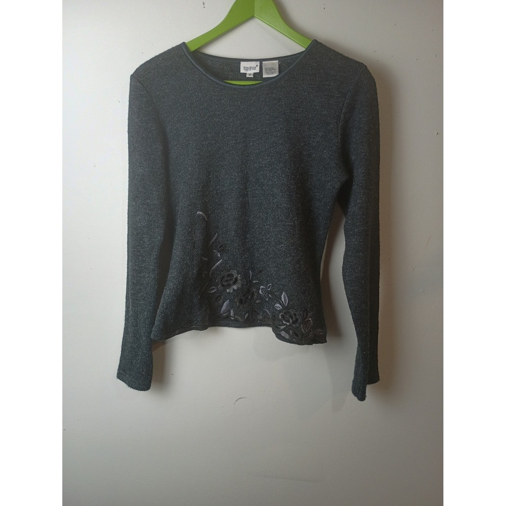 Together Vintage Goth Fairy Gray Floral Embroidered Cutout Knit Top Small